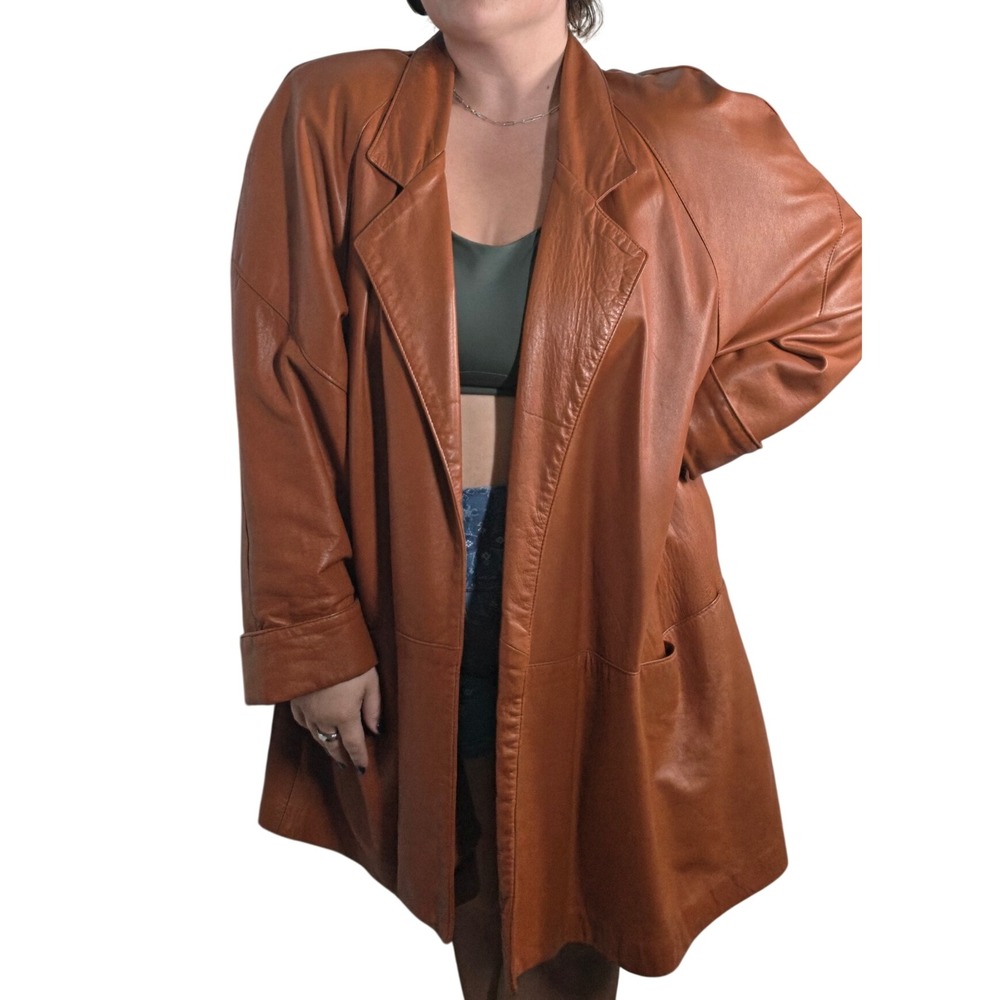 Vintage Cognac Brown Genuine Leather Oversized Car Coat Open Front Jacket L/XL